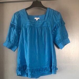 Chicos Turquoise Square Neck Tiered Top Short Sleeves Tassels Sz 1 M Cotton Boho